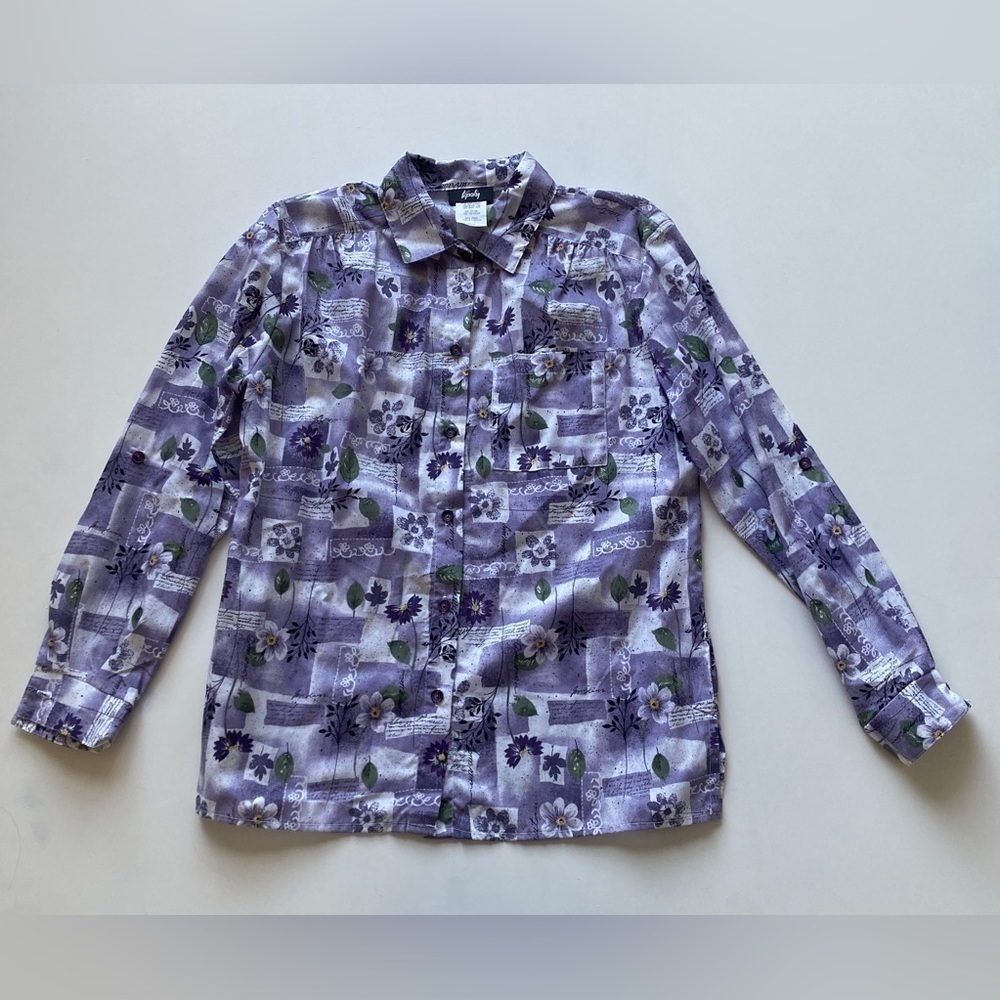 Vintage Tapestry Purple Garden Floral Button Up Roll Tab Shirt Women's Medium
